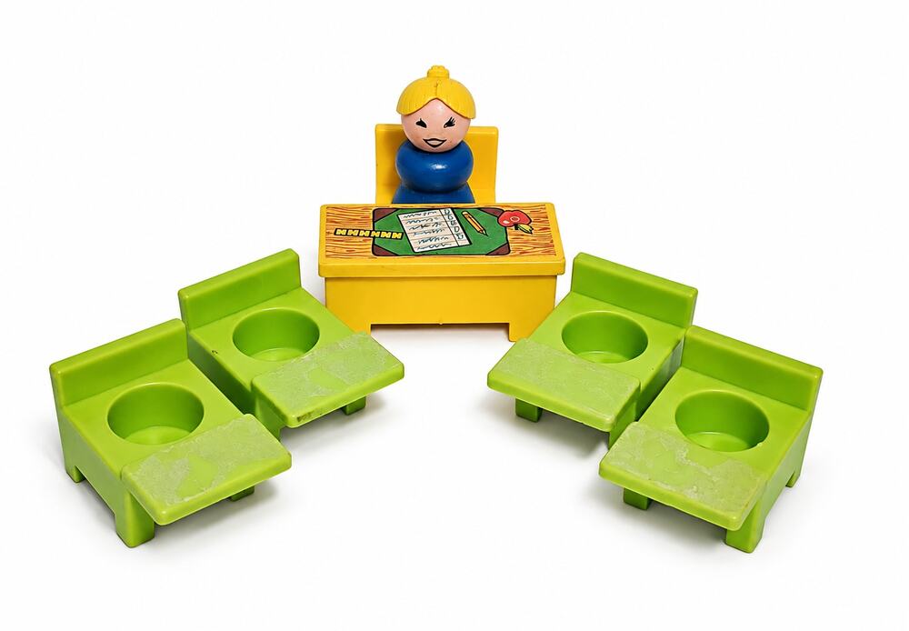 Vintage Fisher Price Little People School Set Teacher Desk Chair Student Desk